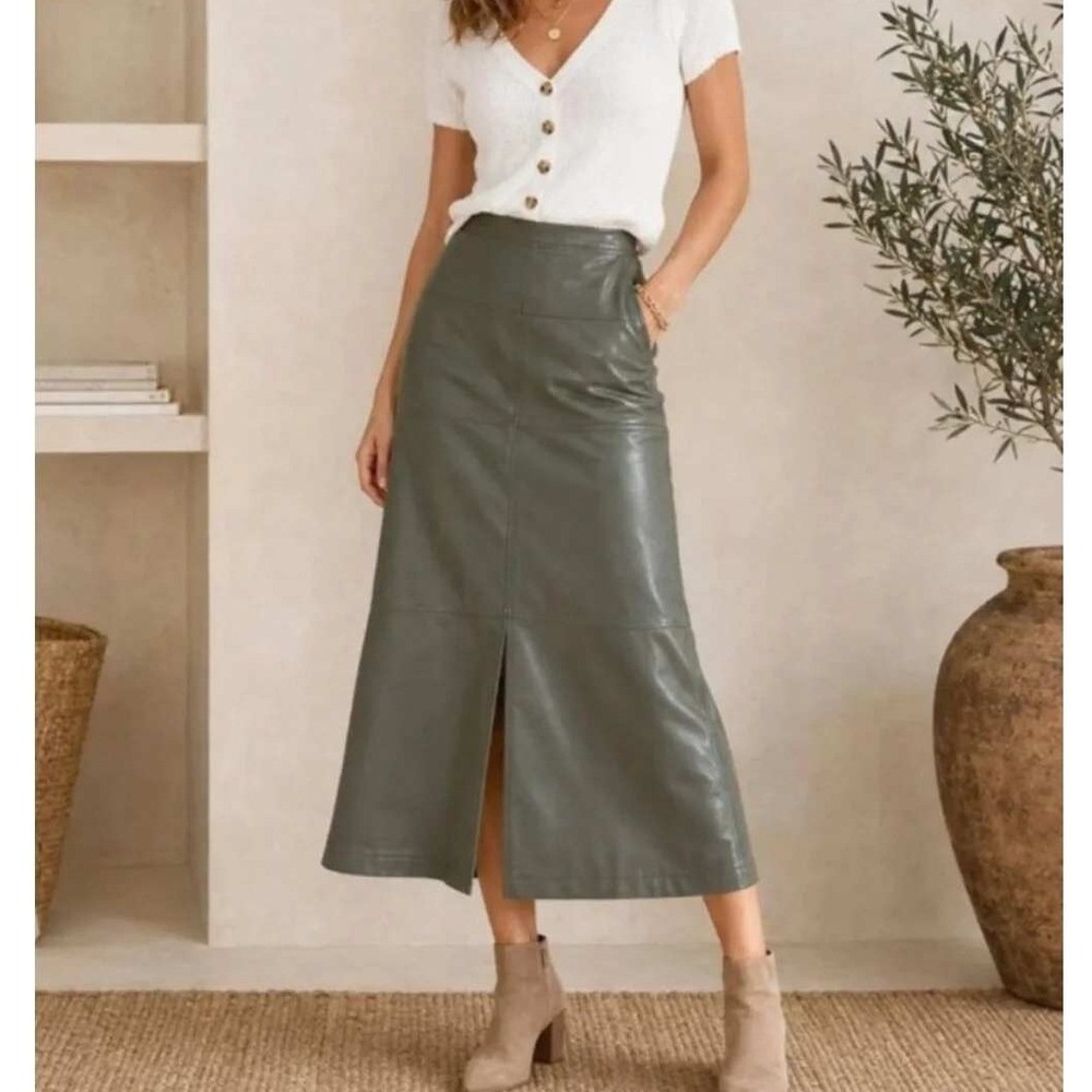 Cabi Kick It Faux Leather Skirt Women Size 10 Olive Green Midi Edgy Office Chic